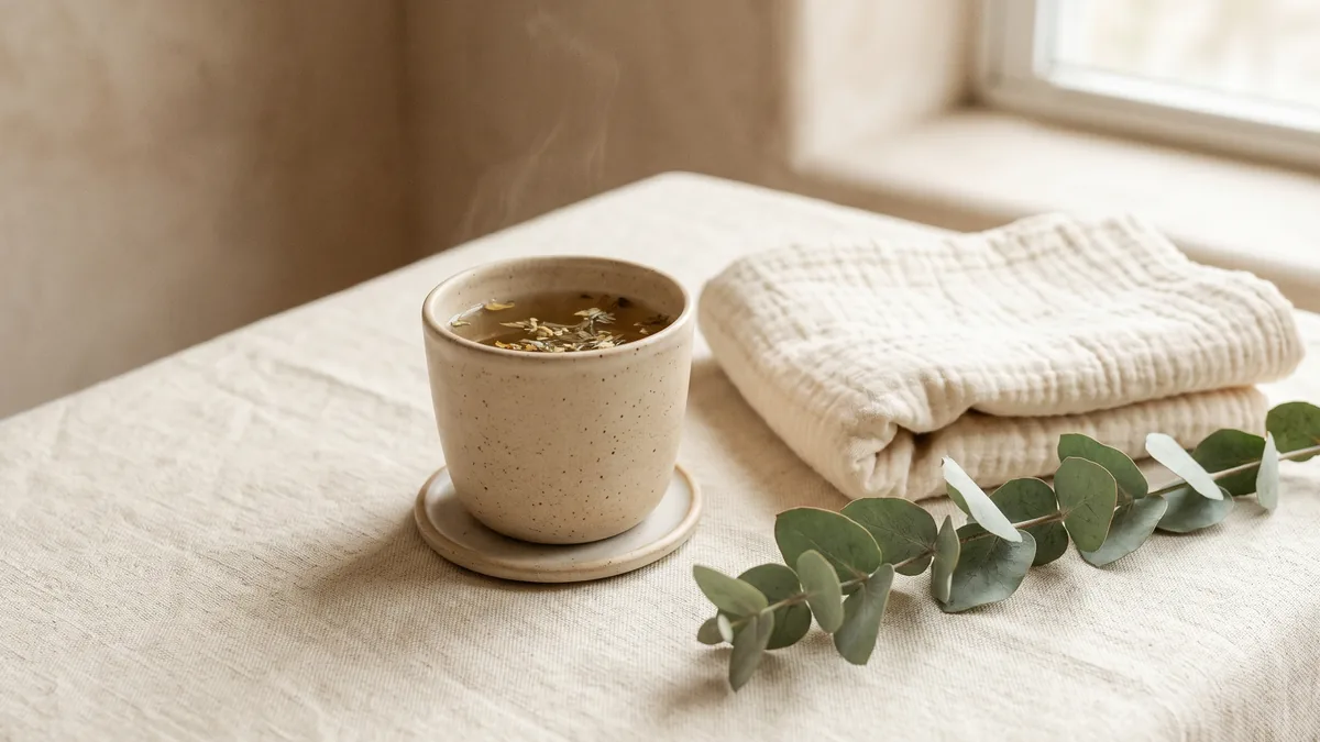 Una tassa de ceràmica amb infusió, una tovallola i eucaliptus.