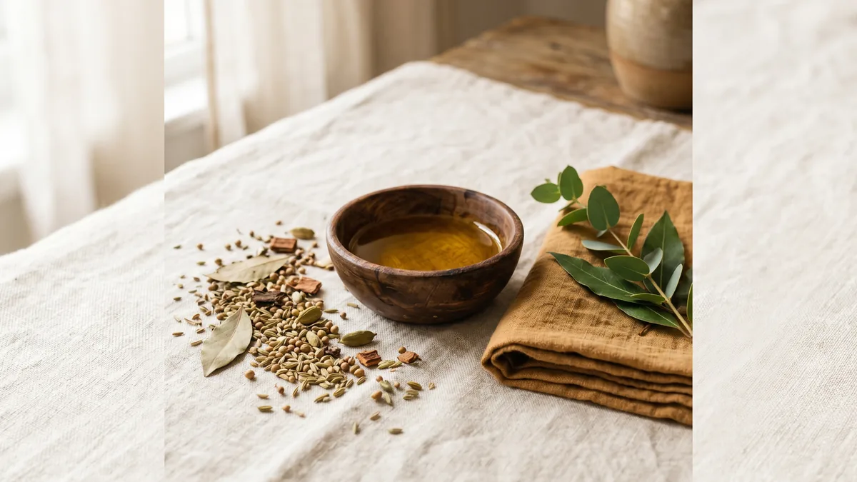 Un bol de fusta amb oli, herbes seques i una tela ocre plegada.