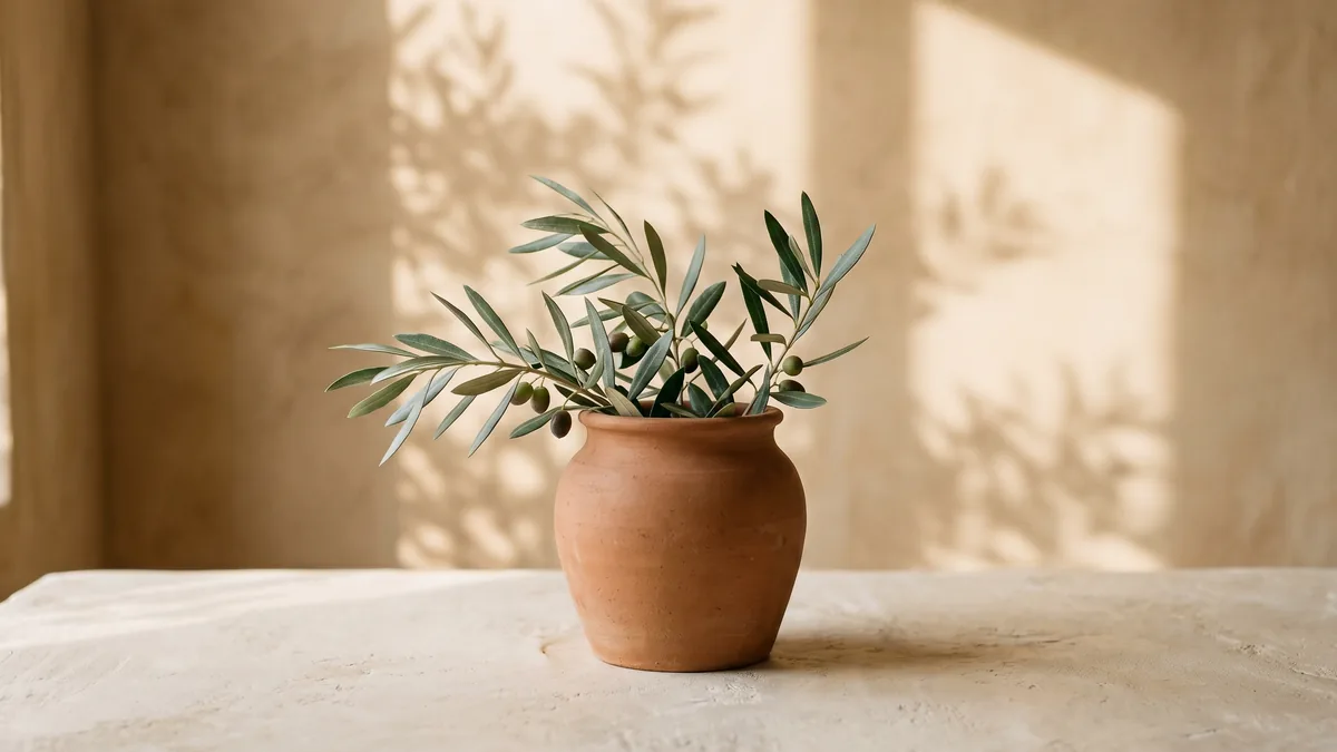 Una branca d’olivera en un test de terracota amb llum mediterrània.