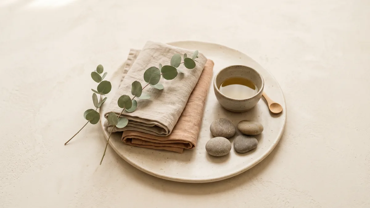 Calm wellness still life with natural elements: linen, ceramics and botanical details.