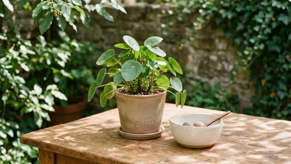 Una planta verda en test i un bol de ceràmica en un jardí ombrejat.